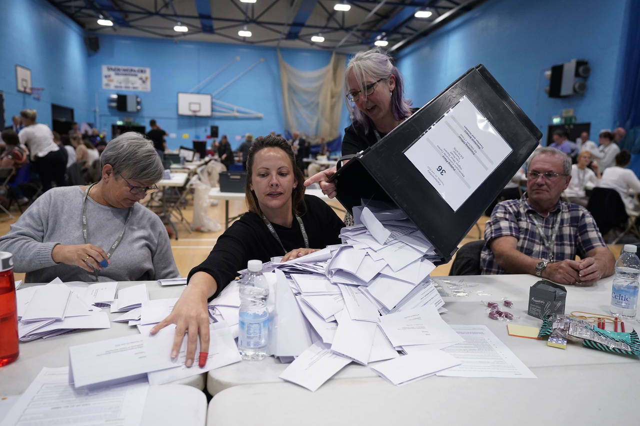 Ballot boxes arrive at the Lords Meadow Leisure Centre, in Crediton, Devon, England, Thursday June ...