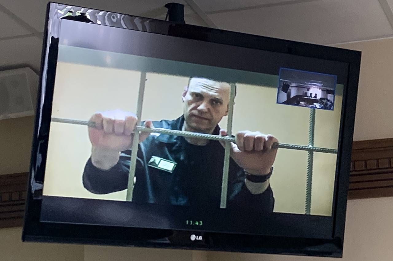 Russian opposition leader Alexei Navalny appears from prison on a video link provided by the Russia...
