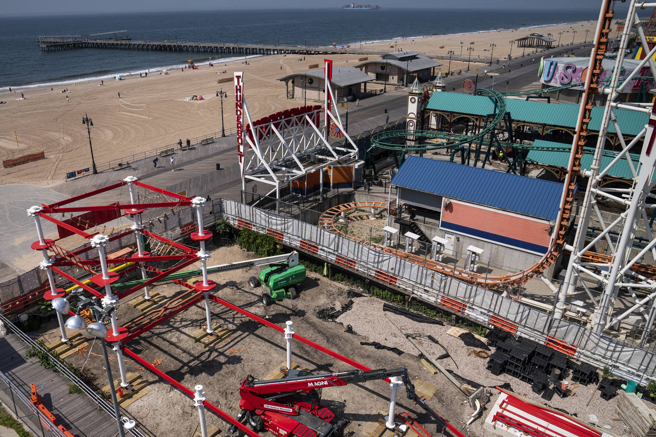 Construction is underway in the amusement park district of Coney Island, Friday, June 17, 2022, in ...