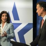 
              New York Governor Kathy Hochul, left, talks with Congressman Tom Suozzi, D-N.Y, before the New York's governor primary debate at the studios of WCBS2-TV,  Tuesday, June 7, 2022, in New York. (AP Photo/Bebeto Matthews)
            