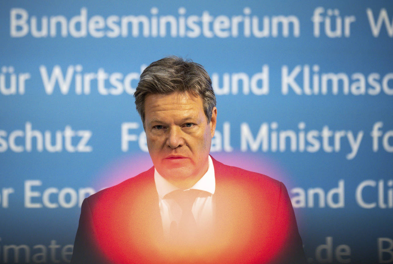 German Economy and Climate Minister Robert Habeck speakes during a news conference in Berlin, Germa...