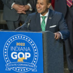 
              Diego Morales, the GOP pick for Indiana's Secretary of State, speaks at the state GOP Convention at the Indiana Farmer's Coliseum in Indianapolis, Saturday, June 18, 2022. (Robert Scheer/The Indianapolis Star via AP)
            