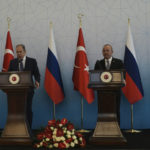 
              Turkish Foreign Minister Mevlut Cavusoglu, right, and his Russian counterpart Sergey Lavrov speak to the media after their talks, in Ankara, Turkey, Wednesday, June 8, 2022. Lavrov and Cavusoglu have discussed regional issues and bilateral relations. (AP Photo/Burhan Ozbilici)
            