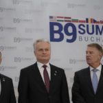 
              From left, Polish President Andrzej Duda, Lithuania's President Gitanas Nauseda and Romania's President Klaus Iohannis pose before the Bucharest Nine (B9) Summit at the Cotroceni Presidential Palace in Bucharest, Romania, Friday, June 10, 2022. (AP Photo/Andreea Alexandru)
            