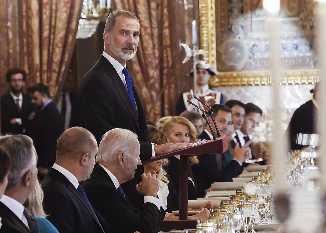 Spain's King Felipe makes a speech next to U.S. President Joe Biden and and other heads of state an...
