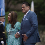 
              Suriname's President Chan Santokhi and first lady Mellisa Santokhi-Seenacherry arrive for a dinner at the Getty Villa during the Summit of the Americas in Los Angeles, Thursday, June 9, 2022. (AP Photo/Jae C. Hong)
            