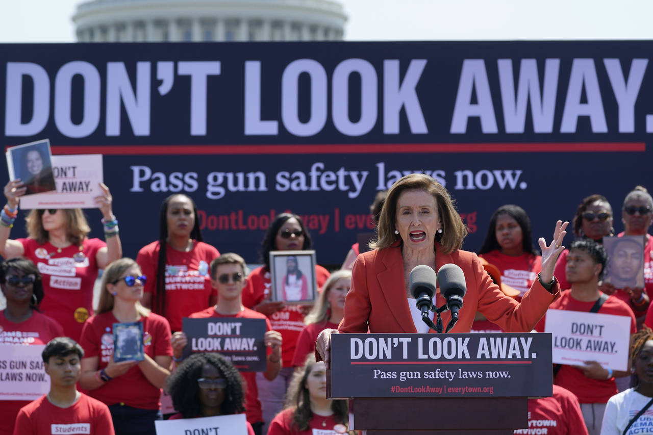 House Speaker Nancy Pelosi of Calif., speaks during a protest near Capitol Hill in Washington, Wedn...