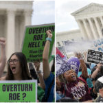 
              This combination of Friday, June 24, 2022, photos taken outside the Supreme Court in Washington shows abortion-rights activists protesting following Supreme Court's decision to overturn Roe v. Wade, at left, and anti-abortion activists celebrating following Supreme Court's decision, at right. The Supreme Court has ended the nation's constitutional protections for abortion that had been in place nearly 50 years in a decision by its conservative majority to overturn Roe v. Wade. (AP Photo)
            