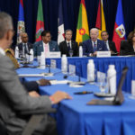 
              President Joe Biden, center right, speaks during a meeting with leaders of Caribbean nations beside Vice President Kamala Harris, right, and Suriname President Chandrikapersad Santokhi during the Summit of the Americas, Thursday, June 9, 2022, in Los Angeles. (AP Photo/Evan Vucci)
            