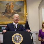 
              President Joe Biden with first lady Jill Biden delivers remarks before signing into law S. 2938, the Bipartisan Safer Communities Act gun safety bill in a ceremony in the Roosevelt Room of the White House in Washington, Saturday, June 25, 2022. (AP Photo/Pablo Martinez Monsivais)
            