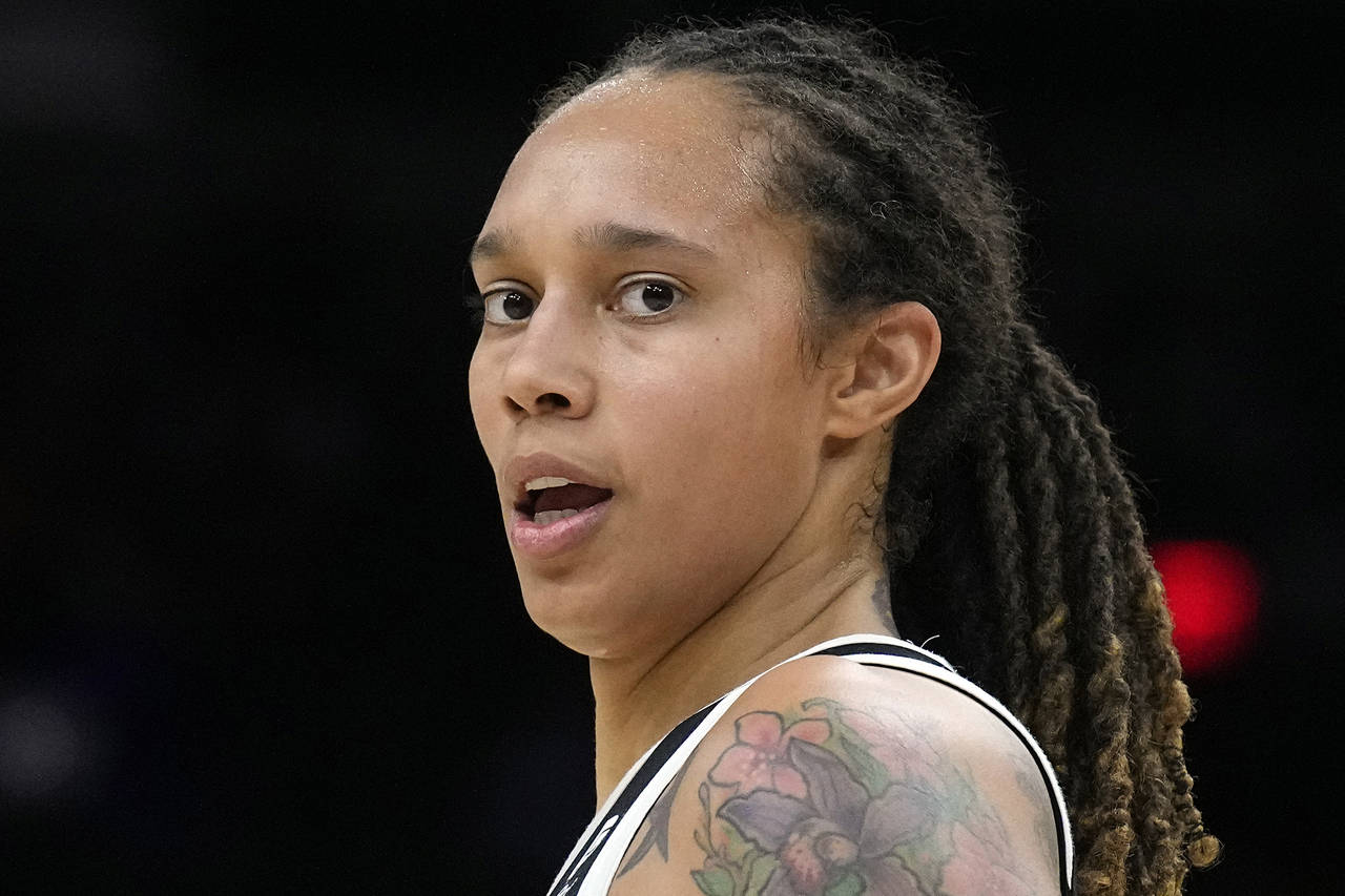 FILE - Phoenix Mercury center Brittney Griner during the first half of Game 2 of basketball's WNBA ...