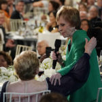 
              Comedian Carol Burnett, right, addresses actor Julie Andrews during the 48th AFI Life Achievement Award Gala honoring Andrews, Thursday, June 9, 2022, at the Dolby Theatre in Los Angeles. (AP Photo/Chris Pizzello)
            