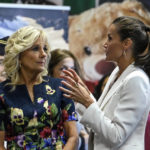 
              U.S. first lady Jill Biden, left and Spain's Queen Letizia visit a reception center for Ukrainian refugees in Madrid, Spain, Tuesday, June 28, 2022. North Atlantic Treaty Organization heads of state will meet for a NATO summit in Madrid from Tuesday through Thursday. (Oscar del Pozo/Pool Photo via AP)
            