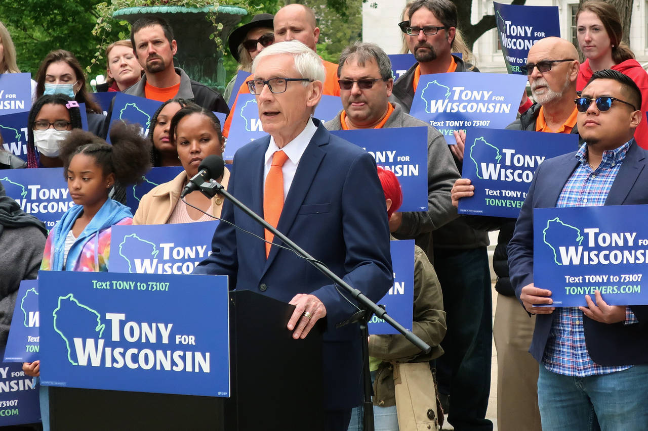 FILE - Wisconsin Gov. Tony Evers speaks at a campaign event outside the state Capitol Friday, May 2...