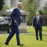 
              President Joe Biden walks on the South Lawn of the White House before boarding Marine One, Tuesday, June 14, 2022, in Washington. Biden is traveling to Philadelphia to speak at the AFL-CIO Constitutional Convention. (AP Photo/Patrick Semansky)
            