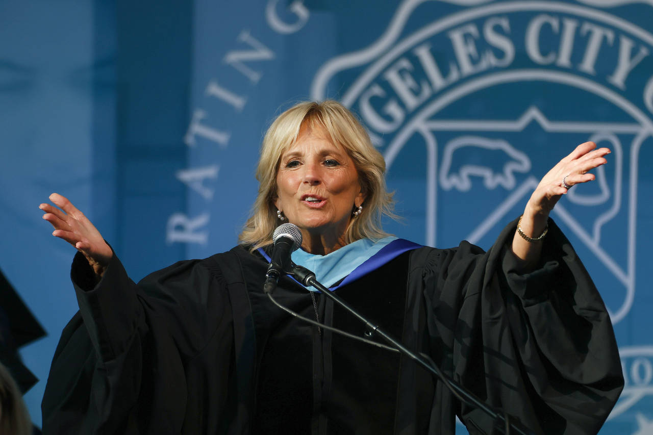 First lady Jill Biden speaks at the Los Angeles City College commencement ceremony in Los Angeles, ...