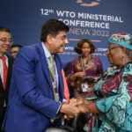 
              World Trade Organization Director-General Ngozi Okonjo-Iweala, right, is congratulated by Indian Minister of Commerce Piyush Goyal after a closing session of a World Trade Organization Ministerial Conference at the WTO headquarters in Geneva early Friday, June 17, 2022. (Fabrice Coffrini/Pool Photo/Keystone via AP)
            