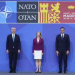 
              NATO Secretary General Jens Stoltenberg, Estonia's Prime Minister Kaja Kallas and Spanish Prime Minister Pedro Sanchez, from left, pose for the media at the official welcome for the NATO summit in Madrid, Spain, on Wednesday, June 29, 2022. North Atlantic Treaty Organization heads of state will meet for a NATO summit in Madrid from Tuesday through Thursday. (AP Photo/Bernat Armangue)
            