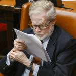 
              Assemblyman Richard Gottfried, D-Manhattan, who is retiring after 52 years in the Assembly, works on legislative bills ending his run as the longest-serving lawmaker in state history at the state Capitol on the last scheduled day of the 2022 legislative session, Thursday, June 2, 2022, in Albany, N.Y. (AP Photo/Hans Pennink)
            