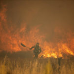 
              A firefighter works in front of flames during a wildfire in the Sierra de la Culebra in the Zamora Provence on Saturday June 18, 2022. Thousands of hectares of wooded hill land in northwestern Spain have been burnt by a wildfire that forced the evacuation of hundreds of people from nearby villages. Officials said the blaze in the Sierra de Culebra mountain range started Wednesday during a dry electric storm. (Emilio Fraile/Europa Press via AP)
            