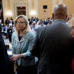 
              Chairman Bennie Thompson, D-Miss., second from right, Vice Chair Liz Cheney, R-Wyo., second from left, and Rep. Zoe Lofgren, D-Calif., right, stand during a short break as the House select committee investigating the Jan. 6 attack on the U.S. Capitol continues to reveal its findings of a year-long investigation, on Capitol Hill, Monday, June 13, 2022, in Washington. (AP Photo/Andrew Harnik, Pool)
            