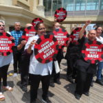 
              Casino housekeeping workers hold a press conference on the Atlantic City, N.J., Boardwalk on Wednesday, June 8, 2022 at which they accused four casinos of failing to clean each occupied hotel room daily as required by an executive order from New Jersey's governor. (AP Photo/Wayne Parry)
            