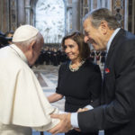 
              Pope Francis, greets Speaker of the House Nancy Pelosi, D-Calif., and her husband, Paul Pelosi before celebrating a Mass on the Solemnity of Saints Peter and Paul, in St. Peter's Basilica at the Vatican, Wednesday, June 29, 2022. Pelosi met with Pope Francis on Wednesday and received Communion during a papal Mass in St. Peter's Basilica, witnesses said, despite her position in support of abortion rights. (Vatican Media via AP)
            
