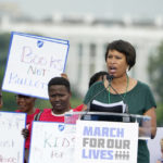 
              With the White House in the background, District of Columbia Mayor Muriel Bowser speaks during the second March for Our Lives rally in support of gun control, Saturday, June 11, 2022, in Washington. (AP Photo/Manuel Balce Ceneta)
            