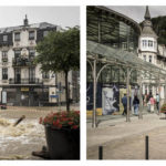 
              A shopkeeper watches floodwaters run down a main street in the center of Spa, Belgium, July 14, 2021, left, and the same location nearly one year later, Wednesday, July 6, 2022. Catastrophic flooding in several provinces of Belgium struck after torrential rains fell beginning on July 14, 2021. (AP Photo/Valentin Bianchi)
            