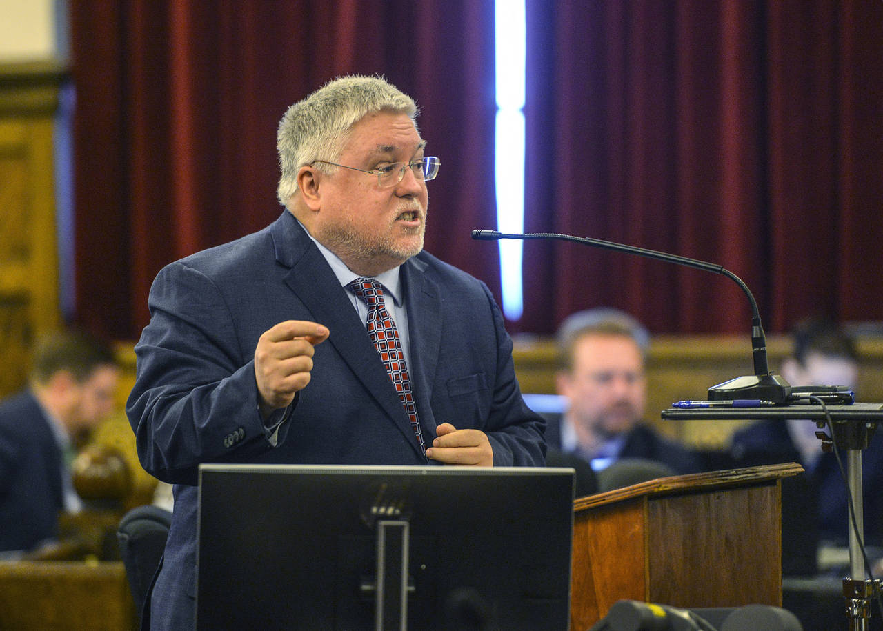 FILE - West Virginia Attorney General Patrick Morrisey presents opening arguments on April 4, 2022,...