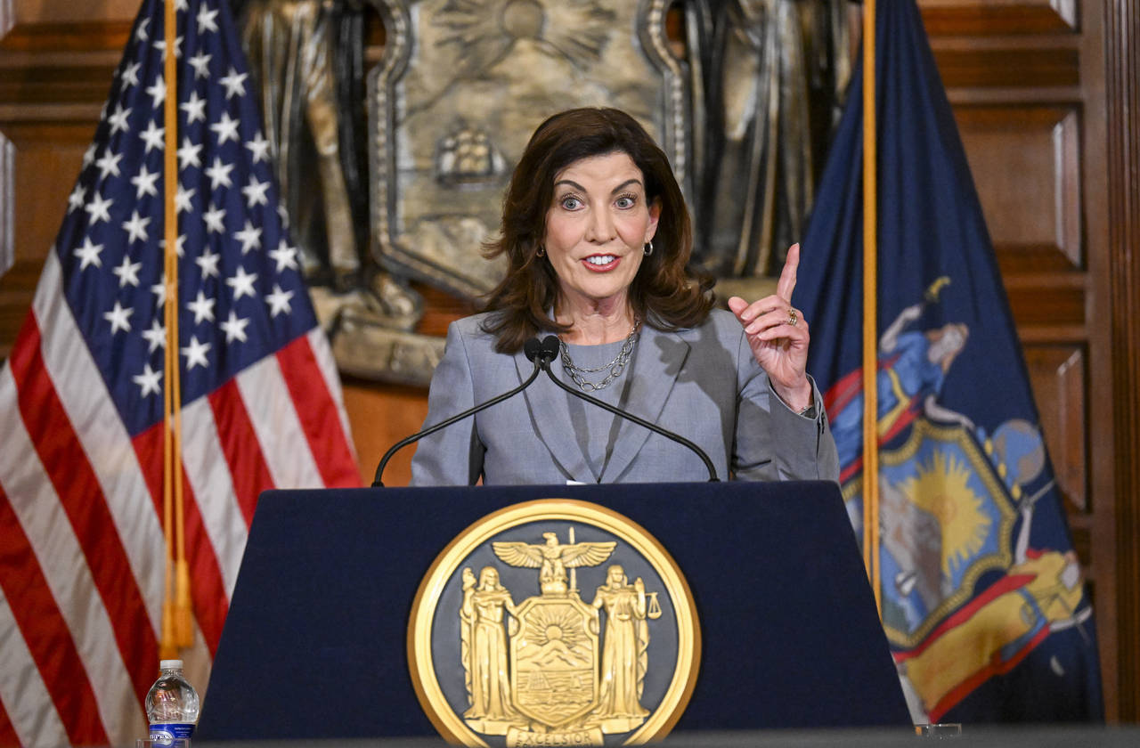 FILE - New York Gov. Kathy Hochul speaks to reporters about legislation passed during a special leg...