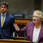 
              State Sen. Sue Glick, R-LaGrange, right, and Senate President Pro Tem Rodric Bray, R-Martinsville, outline proposed legislation on abortion and financial relief at the Statehouse in Indianapolis, Wednesday, July 20, 2022, that will be introducing in the upcoming special session. (AP Photo/Michael Conroy)
            