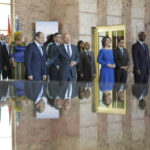 
              German Chancellor Olaf Scholz, center right, and Egypt's President Abdel Fattah Al-Sisi, center left, pose with the Foreign Ministers of Egypt Sameh Shoukry, left, and Germany Annalena Baerbock, third from right, and other participants for a group photo during the Petersberg Climate Dialogue conference at the Foreign Ministry in Berlin, Germany, Monday, July 18, 2022. (AP Photo/Markus Schreiber)
            