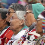 
              Indigenous elders listen as Pope Francis gives an apology during a public event in Iqaluit, Nunavut, Friday, July 29, 2022, during his papal visit across Canada. (Nathan Denette/The Canadian Press via AP)
            