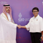 
              Saudi Foreign Minister Prince Faisal Bin Farhan Al Saud, left, meets Indonesia's Foreign Minister Retno Marsudi at the G20 Foreign Ministers' Meeting in Nusa Dua, Bali, Indonesia Friday, July 8, 2022. (Willy Kurniawan/Pool Photo via AP)
            