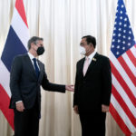 
              United States Secretary of State Antony Blinken, left, meets with Thailand's Prime Minister Prayut Chan-o-cha at the Government House in Bangkok, Sunday, July 10, 2022. (Stefani Reynolds/Pool Photo via AP)
            