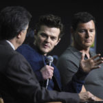 
              Moderator Stephen Colbert, from left, Robert Aramayo and Benjamin Walker participate in a panel for "The Lord of the Rings: The Rings of Power" on day two of Comic-Con International on Friday, July 22, 2022, in San Diego. (Photo by Richard Shotwell/Invision/AP)
            