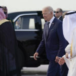 
              President Joe Biden arrives at King Abdulaziz International Airport, Friday, July 15, 2022, in Jeddah, Saudi Arabia. (AP Photo/Evan Vucci)
            