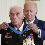
              President Joe Biden awards the Medal of Honor to retired Maj. John Duffy for his actions on April 14-15 1972, during the Vietnam War, during a ceremony in the East Room of the White House, Tuesday, July 5, 2022, in Washington. (AP Photo/Evan Vucci)
            