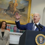 
              President Joe Biden speaks about abortion access during an event in the Roosevelt Room of the White House, Friday, July 8, 2022, in Washington. Vice President Kamala Harris looks on at left. (AP Photo/Evan Vucci)
            