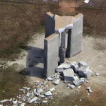 
              This aerial image taken from video, show damage to the Georgia Guidestones monument near Elberton, Ga., on Wednesday, July 6, 2022. The Georgia Bureau of Investigation said the monument, which some Christians regard as satanic, was damaged by an explosion before dawn. (WSB-TV via AP)
            