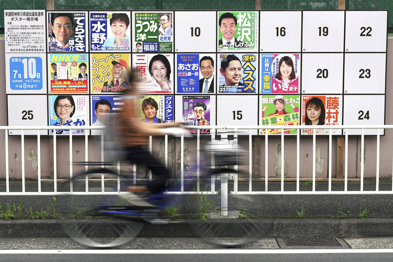 Local campaign poster bulletin board for upper house election is seen Monday, July 4, 2022, in Yoko...
