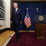 
              President Joe Biden leaves after speaking to reporters about meetings with Saudi Crown Prince Mohammed bin Salman at the Waldorf Astoria Jeddah Qasr Al Sharq hotel, Friday, July 15, 2022, in Jeddah, Saudi Arabia. (AP Photo/Evan Vucci)
            