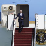 
              President Joe Biden walk down the steps of Air Force One upon his arrival at Ben Gurion International Airport near Tel Aviv, Israel Wednesday, July 13, 2022. Biden arrives in Israel on Wednesday for a three-day visit, his first as president. He will meet Israeli and Palestinian leaders before continuing on to Saudi Arabia. (AP Photo/Ariel Schalit)
            
