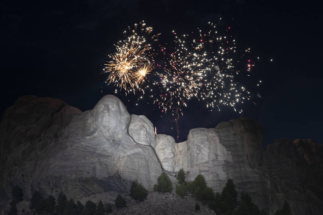 Image: Fireworks go off at Mount Rushmore National Memorial on July 3, 2020, near Keystone, South D...