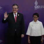 
              Indonesian Foreign Minister Retno Marsudi, right, greets Mexican Foreign Affairs Secretary Marcelo Ebrard upon arrival at the G20 Foreign Ministers' Meeting in Nusa Dua, Bali, Indonesia, Friday, July 8, 2022. (AP Photo/Dita Alangkara, Pool)
            
