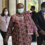 
              South African Minister of International Relations and Cooperation Naledi Pandor, center, walks to attend a bilateral meeting with Indonesian Foreign Minister Retno Marsudi ahead of the G20 Foreign Ministers' Meeting in Nusa Dua, Bali, Indonesia, Thursday, July 7, 2022. (AP Photo/Dita Alangkara, Pool)
            