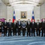 
              In this photo released by the Taiwan Presidential Office, Taiwan's President Tsai Ing-wen, center, and Taiwanese officials pose for photos with a Japanese delegation led by lawmaker and former Defense Minister Shigeru Ishiba, center left, at the Presidential office in Taipei, Taiwan on Thursday, July 28, 2022. A group of Japanese lawmakers including two former defense ministers met with Taiwan's president on Thursday in a rare high-level visit to discuss regional security. (Taiwan Presidential Office via AP)
            