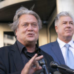 
              Former White House strategist Steve Bannon accompanied by his attorney M. Evan Corcoran, speaks to the media as he departs federal court in Washington, Wednesday, July 20, 2022. Bannon was brought to trial on a pair of federal charges for criminal contempt of Congress after refusing to cooperate with the House committee investigating the U.S. Capitol insurrection on Jan. 6, 2021. (AP Photo/Jose Luis Magana)
            