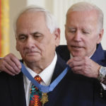 
              President Joe Biden awards the Medal of Honor to Spc. Dwight Birdwell for his actions on Jan. 31, 1968, during the Vietnam War, during a ceremony in the East Room of the White House, Tuesday, July 5, 2022, in Washington. (AP Photo/Evan Vucci)
            
